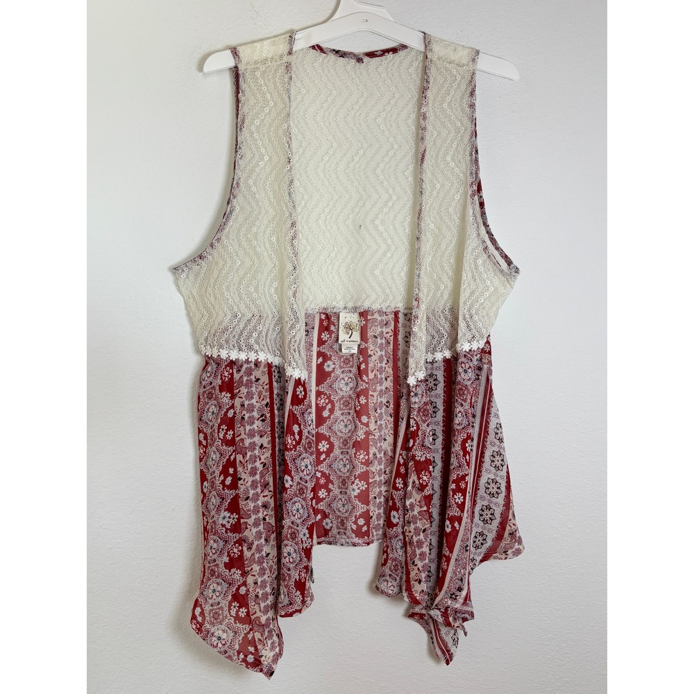 Self Esteem Red Paisley Lace Handkerchief Hem Open Front Vest 2X